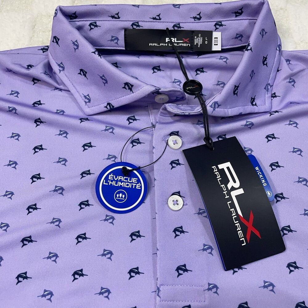 RLX Ralph Lauren Golf Polo Shirt Large Marlin Print Stretch Performance Purple - Picture 2 of 7